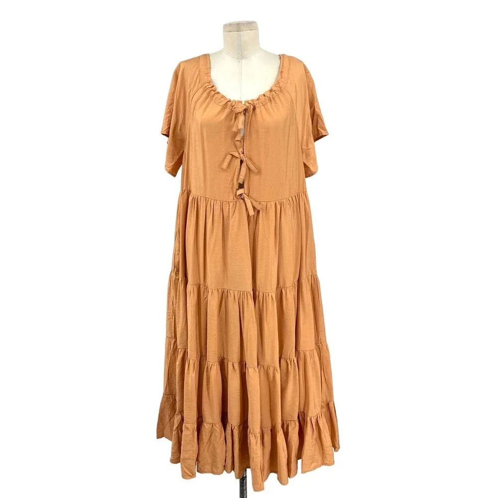 Lulus Present Moment Light Orange‎ Bow Front Tiered Maxi Dress Size Large - Picture 2 of 10